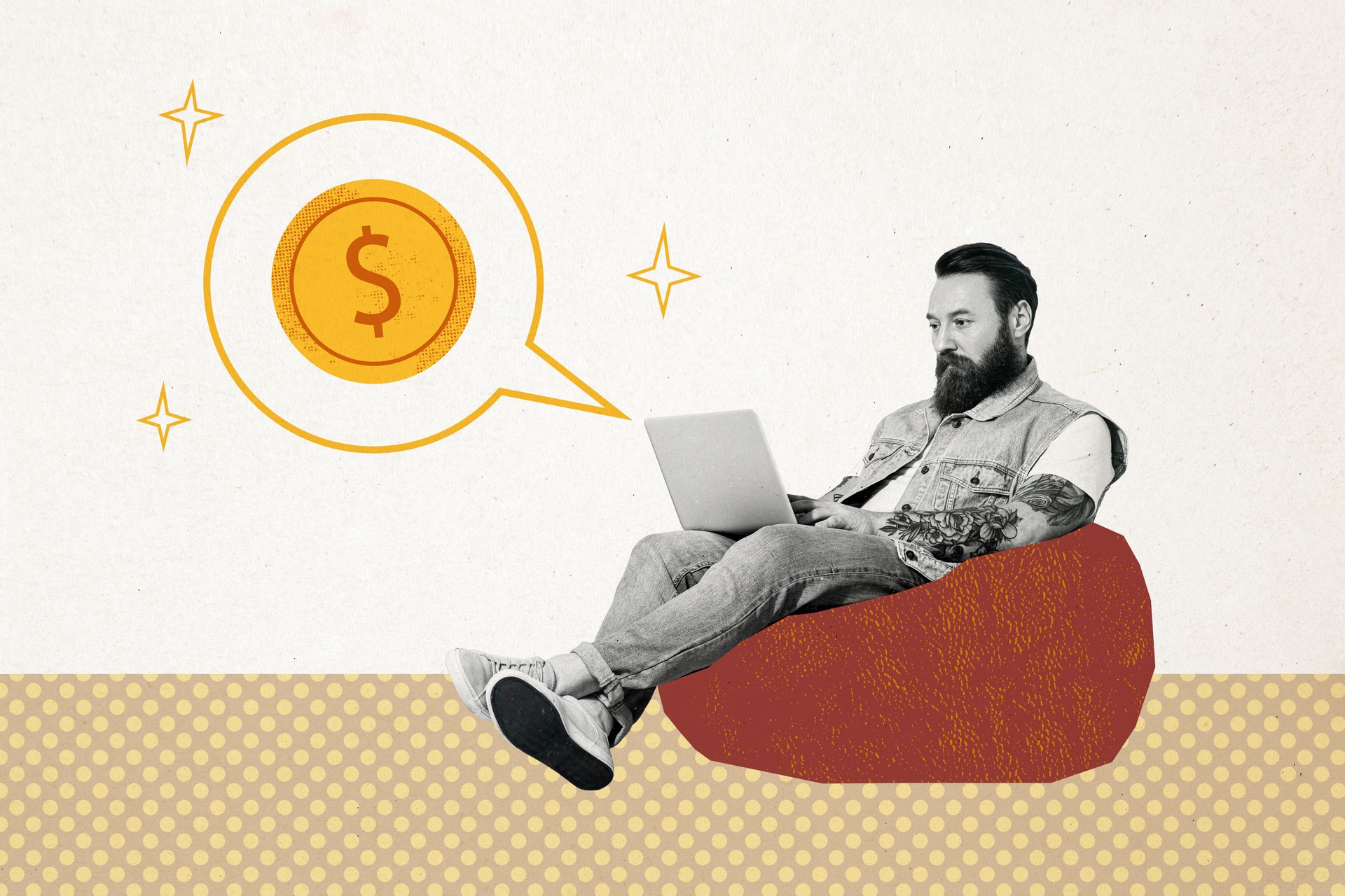 Composite photo collage of serious bearded tattoo man type macbook device freelancer dream earnings money isolated on painted background